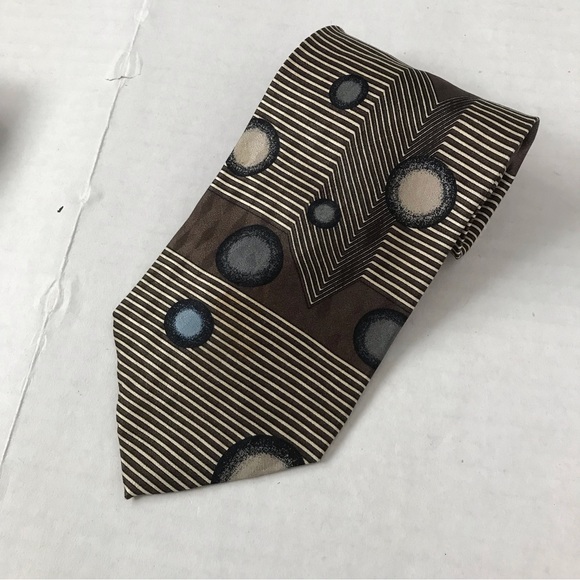 Silk Tie Brown Tan & Blue Geometric Pattern - Picture 3 of 11